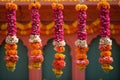 Traditional Indian floral garland toran made of marigold or zendu flower decorated temple or home Royalty Free Stock Photo