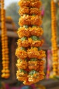 Traditional Indian floral garland toran made of marigold or zendu flower decorated temple or home Royalty Free Stock Photo