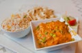 Traditional Indian food with bread and rice. Sabji Masala meal for hungry visitor of indian restaurant