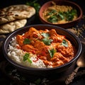 Traditional Indian food dish Chicken tikka masala with spicy curry meat in bowl, basmati rice, flatbread, Indian style dinner