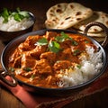 Traditional Indian food dish Chicken tikka masala with spicy curry meat in bowl, basmati rice, flatbread, Indian style dinner