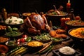 Traditional indian food on wooden table. Chicken, rice, vegetables and spices, A table of food including chicken, rice, and other Royalty Free Stock Photo