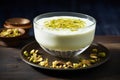 Classic Indian lime lassi made with dahi yogurt, lime, and chopped pistachios, served in a traditional glass, close-up