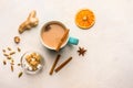 Traditional Indian masala tea chai with milk and spices on white background with ingredients above Royalty Free Stock Photo