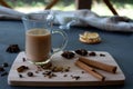 Traditional Indian masala tea with spices. Anise, star anise, cinnamon, pepper, milk. Gray background. Horizontal orientation Royalty Free Stock Photo