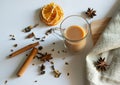 Traditional Indian masala tea with spices. Anise, star anise, cinnamon, pepper, milk. White background. Top view Royalty Free Stock Photo