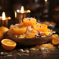 Traditional Indian meal with oranges and lemons with candles in the background. Diwali, the dipawali Indian festival