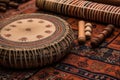 Traditional Indian Musical Instruments On Mat. Generative AI Royalty Free Stock Photo