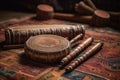 Traditional Indian Musical Instruments On Mat. Generative AI Royalty Free Stock Photo