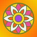 Traditional indian ornament rangoli for Onam or Diwali festival greeting card. Orange background