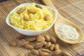 Traditional Indian Pongal, Makar Sankranti rice, nuts almonds sesame