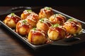 Traditional Indian snack pani puri in a wooden bowl with sauces