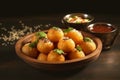 Traditional Indian snack pani puri in a wooden bowl with sauces