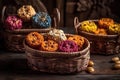 Traditional Indian Snacks In Decorative Baskets. Generative AI