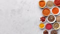 Traditional Indian spices in bowls on grey background Royalty Free Stock Photo