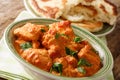 Traditional Indian spicy karhai chicken close-up and fresh naan bread on the table. horizontal, rustic