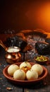Traditional Indian Sweets and Hot Beverage by a Warm Fireplace Royalty Free Stock Photo