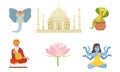 Traditional Indian Symbols Set, Elephant, Taj Mahal, Cobra, Lotus Flower, Shiva Vector Illustration