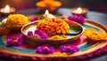 Traditional Indian Thali puja with marigolds, lit candle, incense and bokeh, Indian holidays,