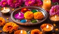 Traditional Indian Thali puja with marigolds, lit candle, incense and bokeh, Indian holidays,