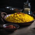 Traditional Indian yellow rice in a clay bowl. Selective focus.