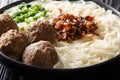 Traditional Indonesian beef meatball with noodles, fried onions, greens and broth close-up on a plate. horizontal Royalty Free Stock Photo