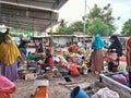 Traditional Indonesian marketplace with many women selling fish and produce. Muslim women doing activities at the local market