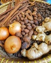 Traditional Indonesian spices or herbs in bamboo trays