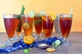 Traditional Indonesian sweet ice tea, placed on the brown wooden table Royalty Free Stock Photo