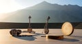 Traditional instruments stand before a foggy mountain Royalty Free Stock Photo