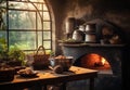 Traditional interior of old village kitchen in historic country house. Generative AI