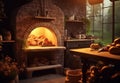 Traditional interior of old village kitchen in historic country house. Generative AI