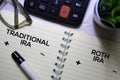 Traditional IRA and Roth IRA text on a book on office desk.