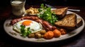 Traditional Irish breakfast on large plate on wooden table. Eggs, bacon, toast Royalty Free Stock Photo