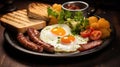 Traditional Irish breakfast on large plate on wooden table. Eggs, bacon, toast Royalty Free Stock Photo