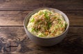 Traditional Irish dish colcannon, mashed potatoes with cabbage and green onions, on top of crispy fried cabbage topping with nuts