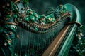 Traditional Irish harp decorated with green ribbons and shamrocks, symbolizing the musical heritage and cultural