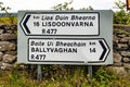 Traditional Irish road sign to Lisdoonvarna and Ballyvaghan towns written in English and Gaelic Royalty Free Stock Photo