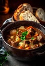 Traditional Irish stew in a bowl with bread. Stew of lamb, potatoes, onions, carrots, and thyme.