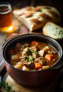 Traditional Irish stew in a bowl with bread. Stew of lamb, potatoes, onions, carrots, and thyme.