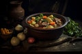 Traditional Irish stew in a bowl with bread. Stew of lamb, potatoes, onions, carrots, and thyme.