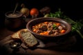 Traditional Irish stew in a bowl with bread. Stew of lamb, potatoes, onions, carrots, and thyme.