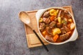 Traditional Irish Stew featuring succulent lamb, sweet root vegetables, and an irresistibly rich broth closeup in the pot.