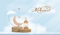 Traditional Islamic lantern with fluffy cloud, pink gold Crescent moon and Star hanging onblue sky background,Vector religions