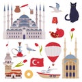 Traditional Istanbul Symbols and Attribute with Blue Mosque and Maidens Tower Vector Set