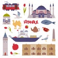 Traditional Istanbul Symbols and Attribute with Mosque and Galata Tower Vector Set