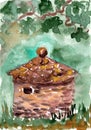 Traditional istrian round stone house kazun, used for shelter and storage in Croatia, watercolor travel sketch.