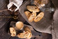 Traditional Italian almond biscuits biscotti served on a wooden board with a cup of aromatic coffee Royalty Free Stock Photo