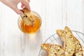 Traditional Italian almond cantuccini cookies and sweet wine Vin Santo Royalty Free Stock Photo