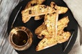 Traditional Italian almond cantuccini cookies and sweet wine Vin Santo. Royalty Free Stock Photo